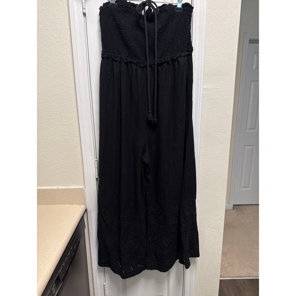 Anthropologie Linen Blend Strapless Black Wide Leg Eyelet Jumpsuit Size XL - Picture 3 of 7
